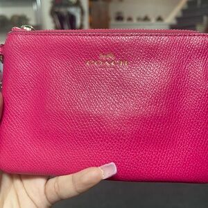 COACH Pebbled Leather Wristlet in Hot Pink with Gold Logo